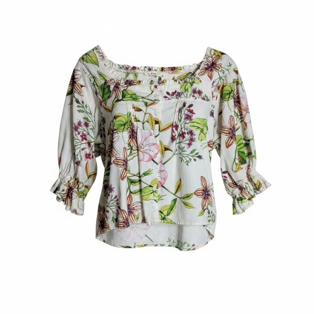 Christian Siriano New York Floral Linen Blend Puff Sleeve Blouse White Small